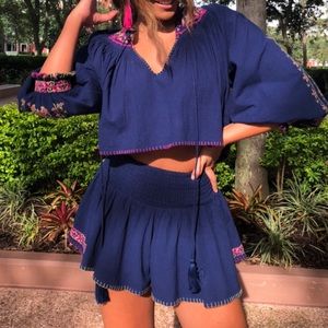 Free People blue matching set with pink embroidery